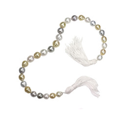 Akoya yellow, white and beige pearl beads and beaded necklace with tassel. Pearl necklace