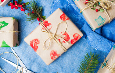 Packed Christmas presents on a table