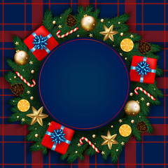 Merry Christmas  banner with gift box, pine branches decorated, gold stars and bubbles on blue checkered background. Vector illustration template greeting card