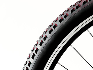 Black and red alloy bicycle wheel isolated on white background