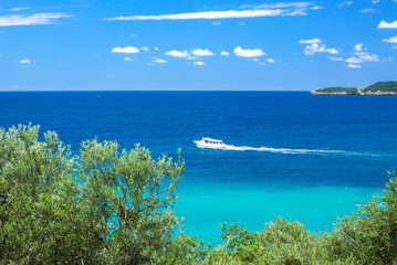 White modern yacht in Adriatic sea, Budva Riviera, Montenegro