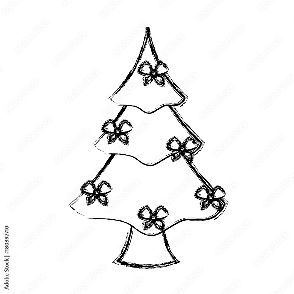 Sticker flat line uncolored christmas tree over white background vector illustration