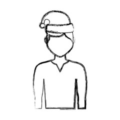 flat line uncolored man with santa hat over white background vector illustration