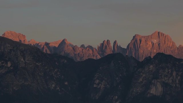 Zooming on Catinaccio/Rosengarten and Vajolet Towers crests at sunset, Dolomites, Alto Adige/South Tyrol, Italy