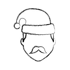 flat line uncolored  man face with  santa hat over white background  vector illustration