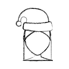 flat line uncolored woman face with santa hat over white background  vector illustration
