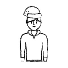 flat line uncolored man with santa hat over white background vector illustration