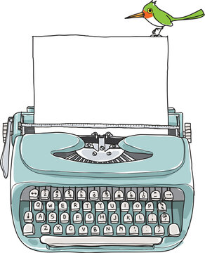 blue Mint vintage  typewriter portable retro with paper and green bird  hand drawn vector art illustration