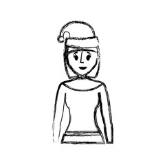 flat line uncolored  woman with  santa hat over white background  vector illustration