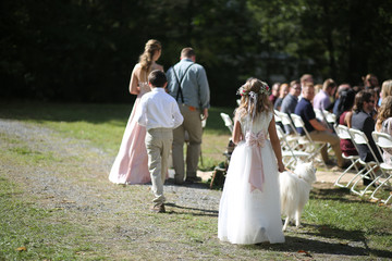 Wedding Photography: Bridesmaid, Groomsman, Flower Girl, and Ring Bearer Walking Down the Aisle Outdoor Processional