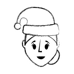 flat lien uncolored woman face with santa hat over white background  vector illustration