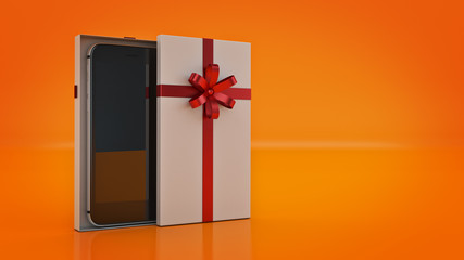 Smartphone gold. Gift box concept. 3D rendering