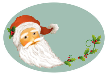 Weihnachtsmann Portrait
Weihnachtskarte Vorlage oval
Santa Claus Karte mit Ilex Zweige
Vektor Illustration isoliert auf farbigem Hintergrund