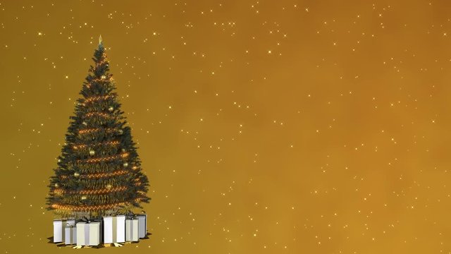 Christmas tree on golden background with copy space. Loop able, 3D rendering, UHD