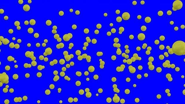 Animated a lot of plain yellow golf balls dancing, flying or jumping against blue background and in slow motion. Front camera view.