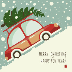 The cover design. Shows a red car traveling up the hill. On the roof of the car is a Christmas tree. The phrase merry Christmas and a happy New year.
