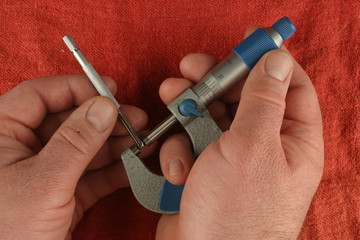 Imperial Vernier Micrometer,  small hole gauge, red shop towel background