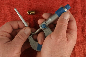 Imperial Vernier Micrometer, small hole gauge, red shop towel background, brass part