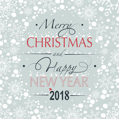 Fototapeta na wymiar Greeting card. The phrase merry christmas and happy new year and numbers: two, zero, one ,eight on a gray background in the oval. On the letters and the background of snow and snowflakes are falling.