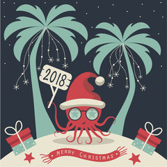 Christmas on the island. Depicts two palm trees, a octopus in Santa Claus hat, garlands of snowflakes, presents on the sand , starfish and scarf with the words merry christmas.