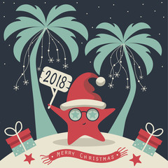 The cover design. Christmas on the island. Depicts two palm trees, a sea star in Santa Claus hat, garlands of snowflakes, presents on the sand , starfish and scarf with the words merry christmas.