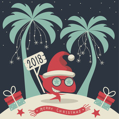 Christmas on the island. Depicts two palm trees, a shark in Santa Claus hat, garlands of snowflakes, presents on the sand , starfish and scarf with the words merry christmas.