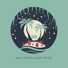 The cover design. Depicts two palm trees, ocean, presents on the sand, a garland of balls of snow and moon in the background. The phrase merry christmas and happy new year. The numbers 2,0,1,8