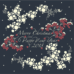 Bunches of red Rowan,the pattern of the snow globe and the phrase merry christmas and happy new year and number 2,0,1,8 on the dark background. 