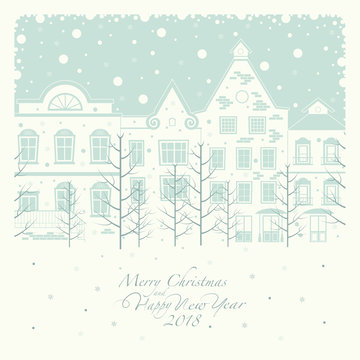 Depicts a winter street with houses. in the foreground the branches of the trees through which can be seen outside. The phrase merry Christmas and a happy New year and number 2,0,1,8