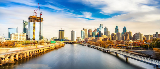 Panoramic picture of Philadelphia skyline and Schuylkill river, PA, USA.
