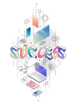 Isometric concept with thin line letters, typography word success