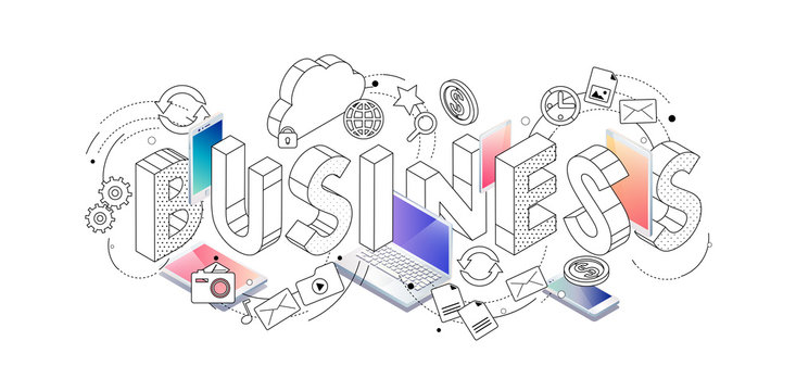 Isometric concept with thin line letters, typography word business with line and colorful icons.