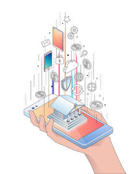 Isometric concept of smartphone with mobile banking