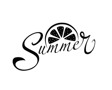 The cover design. Picture of a piece of fruit and the phrase summer on a white background . The word summer is depicted in black.