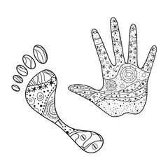 Fototapeta premium Hand. Foot. Hand drawn elements with abstract patterns on isolation background. Design for spiritual relaxation for adults. Line art. Black and white illustration for coloring. Print for t-shirts