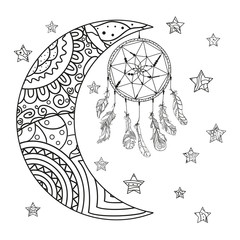 Half moon and stars. Dreamcatcher. Abstract patterns on isolation background. Design for spiritual relaxation for adults. Line art. Black and white illustration for anti stress colouring page
