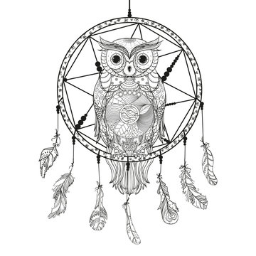 Dreamcatcher. Owl. Tattoo art, mystic symbol. Abstract feathers. Print for polygraphy and textiles. American Indians symbol. Design for spiritual relaxation for adults. Zen art. Decorative style