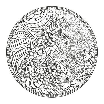 Mandala with dog and cat. Zentangle. Hand drawn circle zendala. Abstract patterns on isolation background. Design for spiritual relaxation for adults. Zen art. Line art creation