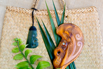 New Zealand - Maori themed objects - Jade Pounamu Tiki Toki and Wooden Patu
