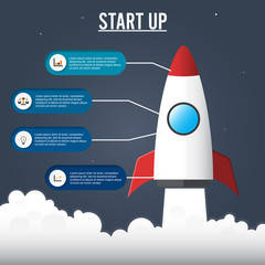 Flat illustration concept of business project startup infographic with idea rocket. Template for cycle diagram, graph, presentation and round chart. Data, options, part, steps or processes