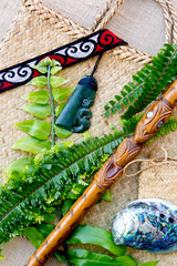 New Zealand - Maori themed objects - Jade Tiki Toki, tribal design headband with carved tokotoko