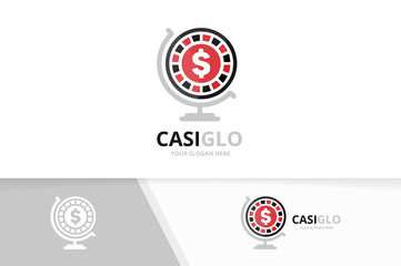 Vector casino and globe logo combination. Chip planet symbol or icon. Unique roulette game logotype design template.