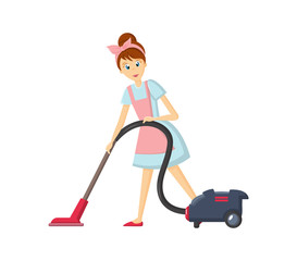 Woman housewife characters. Woman housewife removes dust with vacuum cleaner.