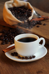 Hot black coffee and bean coffee.