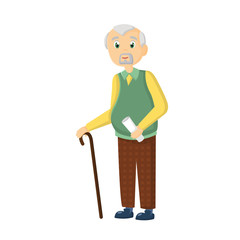 Fototapeta premium Elderly man, with cane in daily clothes, spends free time.