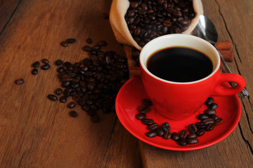 Hot black coffee and bean coffee.