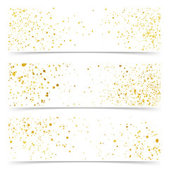 Bright golden confetti particle over white background flyer layout