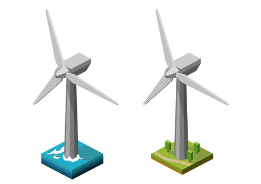 Wind turbine onshore and offshore vector isometric illustration