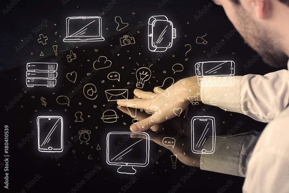 Poster Man pressing table tablet hand touch interface with media icons