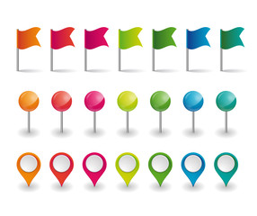 set of colorful flags, round pins and map pointers